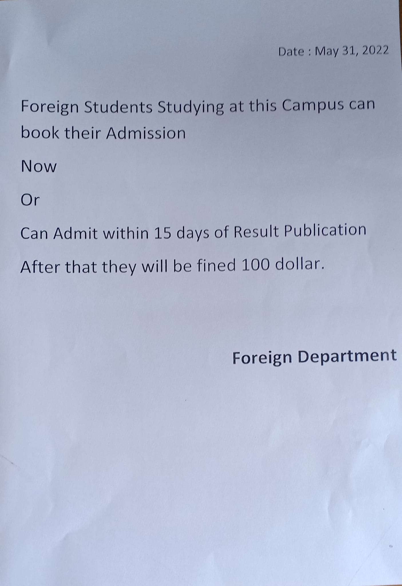 Foreign Students Notice